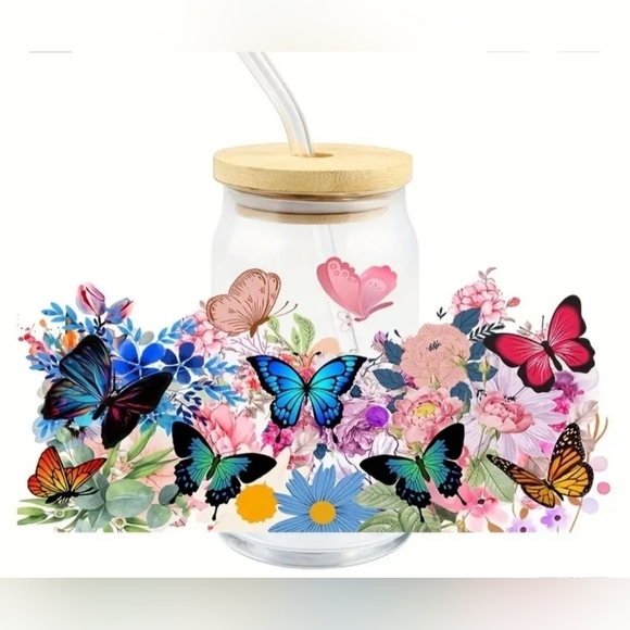 BUTTERFLY & FLOWERS 16oz Glass Tumbler - Picture 1 of 4